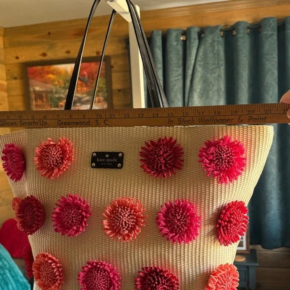 Kate Spade Beige Straw Tote with Red and Pink Floral Design - Picture 8 of 15